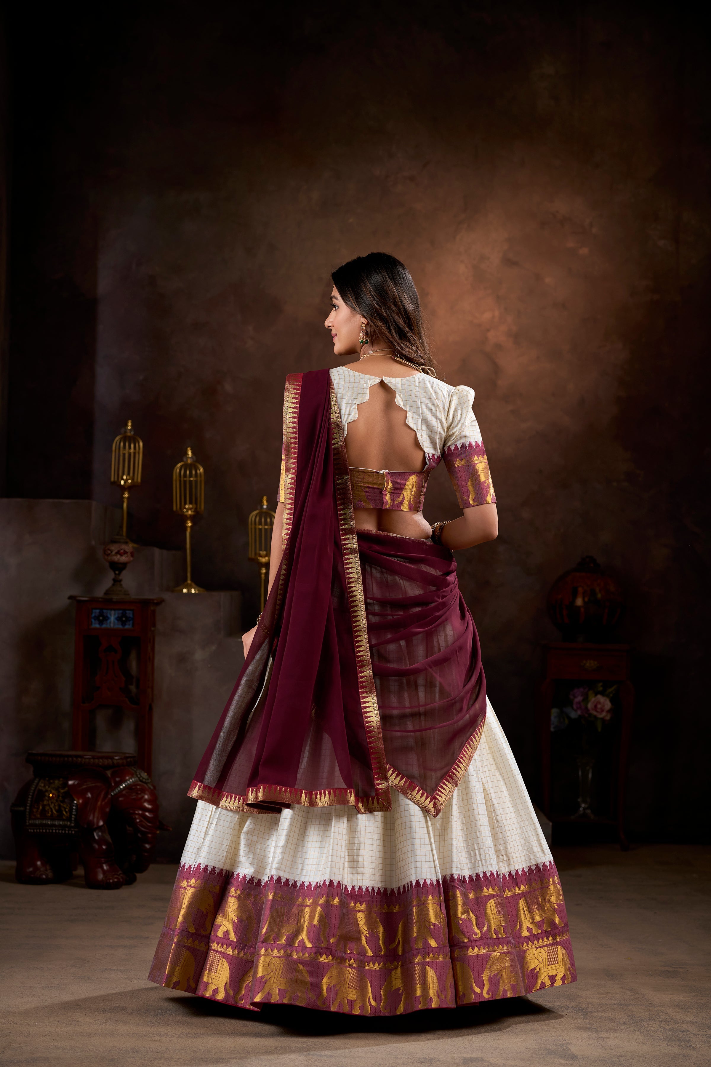 Lorenvalley White Poly Cotton Chex With Zari Weaving Work Lehenga Choli with Dupatta | Grocsy