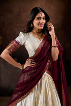 Lorenvalley White Poly Cotton Chex With Zari Weaving Work Lehenga Choli with Dupatta | Grocsy