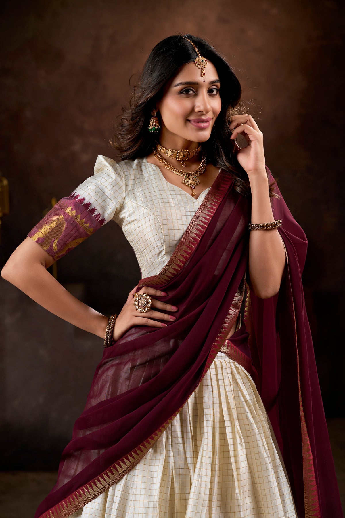 Lorenvalley White Poly Cotton Chex With Zari Weaving Work Lehenga Choli with Dupatta | Grocsy
