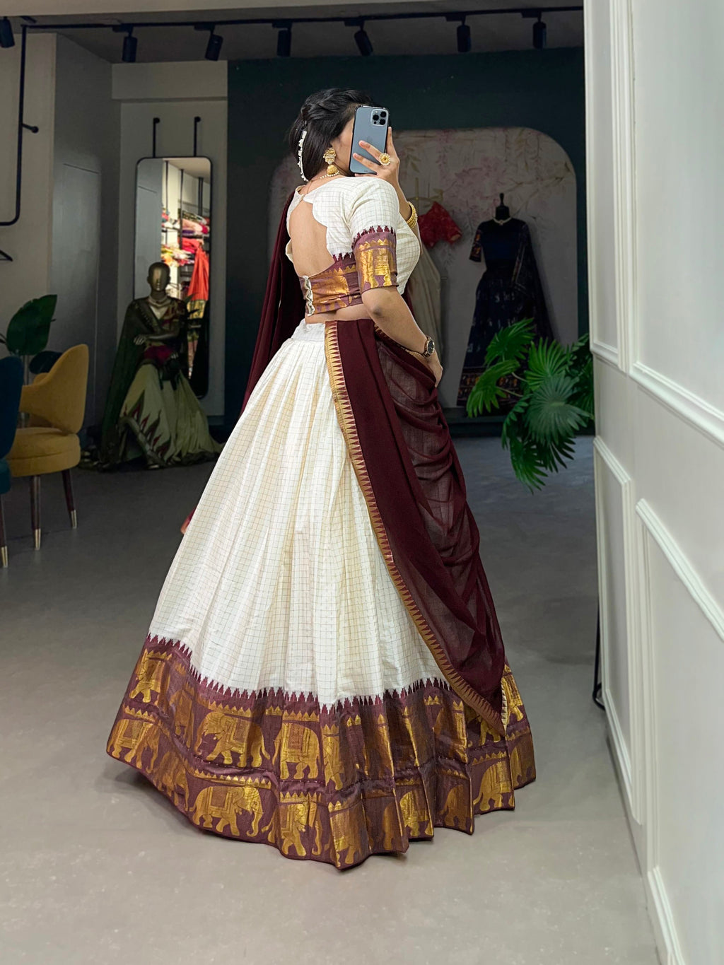 Lorenvalley White Poly Cotton Chex With Zari Weaving Work Lehenga Choli with Dupatta | Grocsy