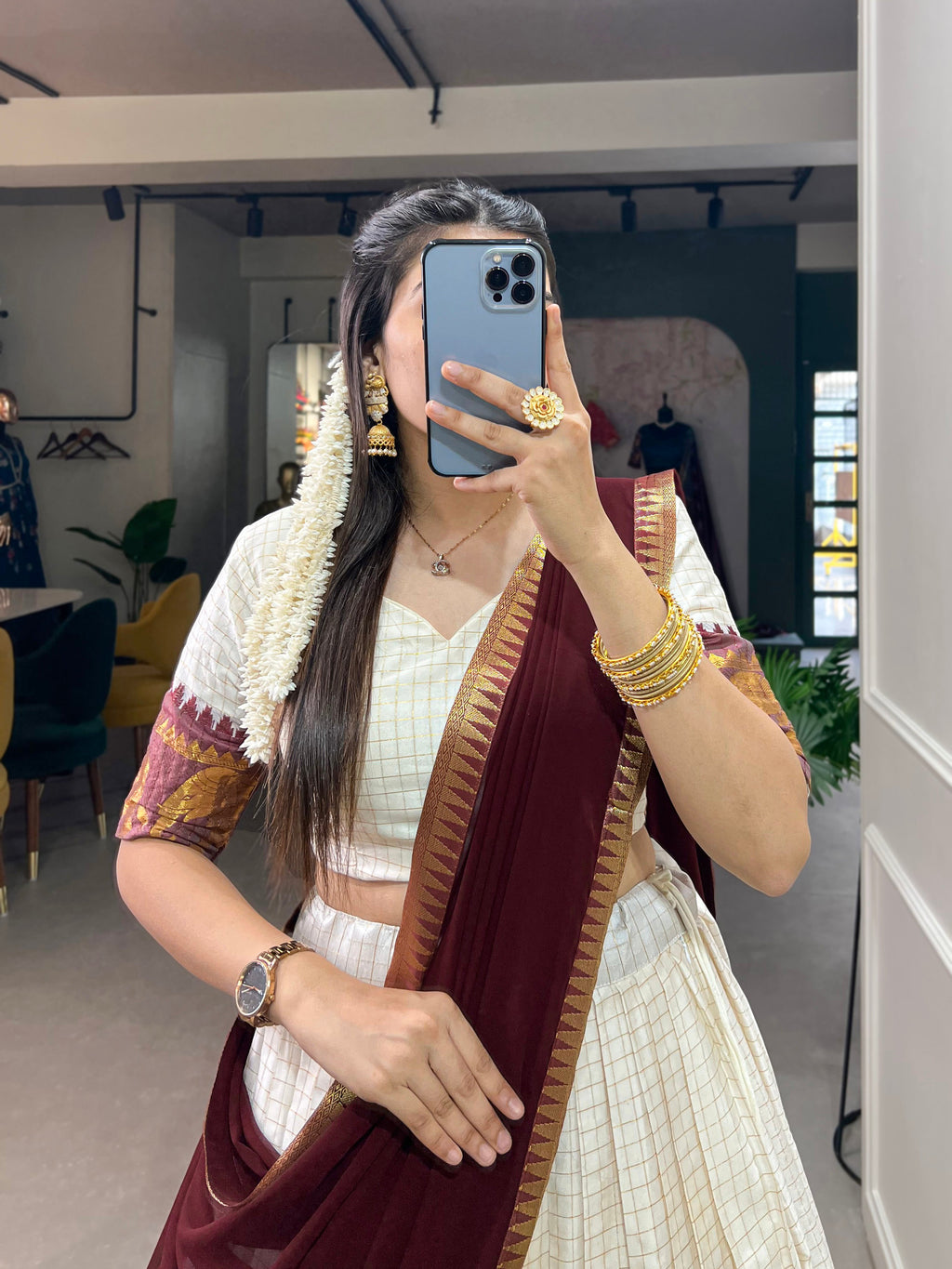 Lorenvalley White Poly Cotton Chex With Zari Weaving Work Lehenga Choli with Dupatta | Grocsy