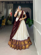 Lorenvalley White Poly Cotton Chex With Zari Weaving Work Lehenga Choli with Dupatta | Grocsy