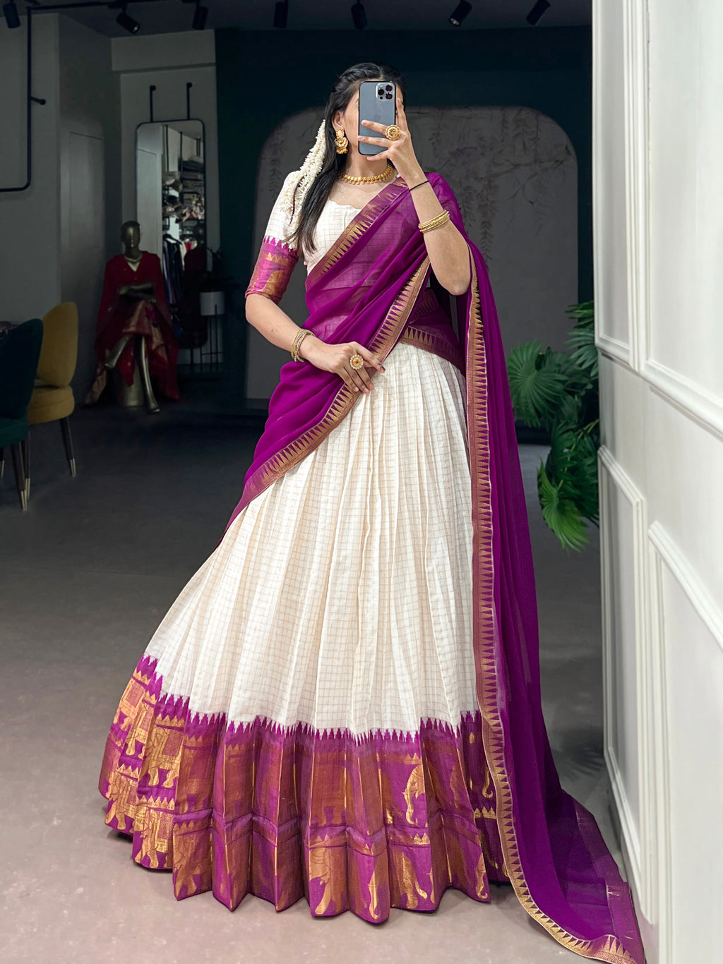 Lorenvalley Fashion White Poly Cotton Chex With Zari Weaving Work Lehenga Choli with Dupatta | Grocsy