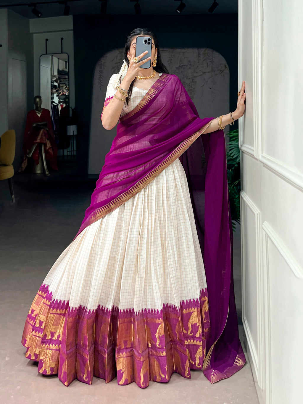 Lorenvalley Fashion White Poly Cotton Chex With Zari Weaving Work Lehenga Choli with Dupatta | Grocsy