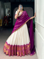 Lorenvalley Fashion White Poly Cotton Chex With Zari Weaving Work Lehenga Choli with Dupatta | Grocsy