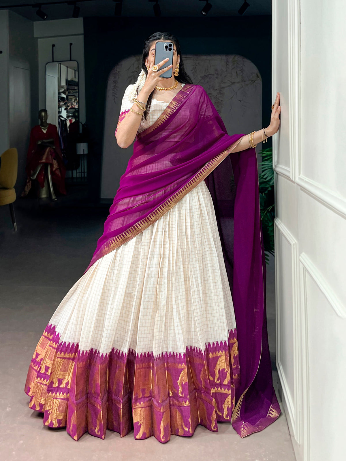 Lorenvalley Fashion White Poly Cotton Chex With Zari Weaving Work Lehenga Choli with Dupatta | Grocsy