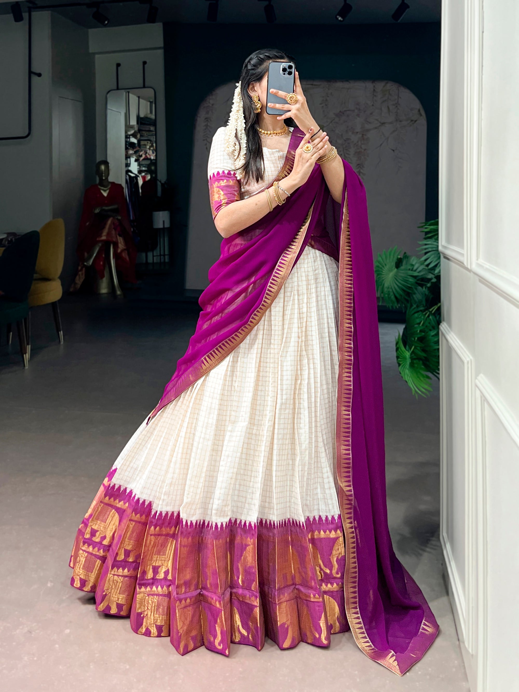 Lorenvalley Fashion White Poly Cotton Chex With Zari Weaving Work Lehenga Choli with Dupatta | Grocsy
