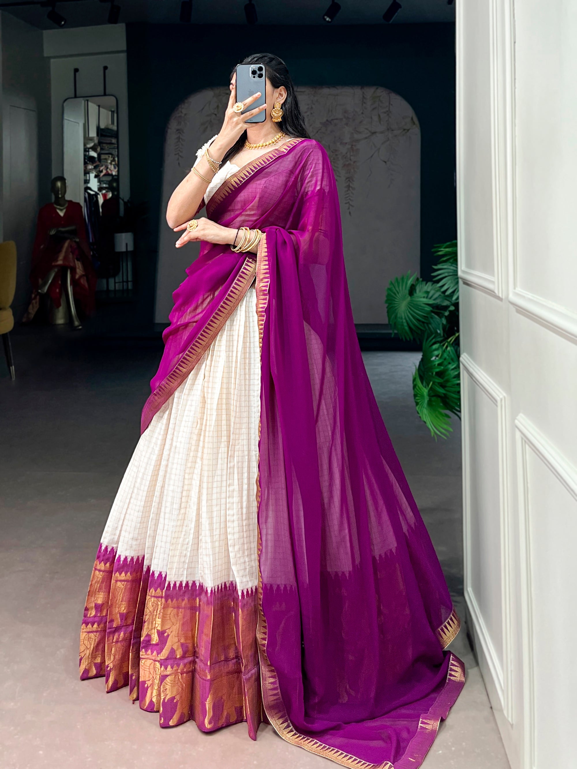 Lorenvalley Fashion White Poly Cotton Chex With Zari Weaving Work Lehenga Choli with Dupatta | Grocsy