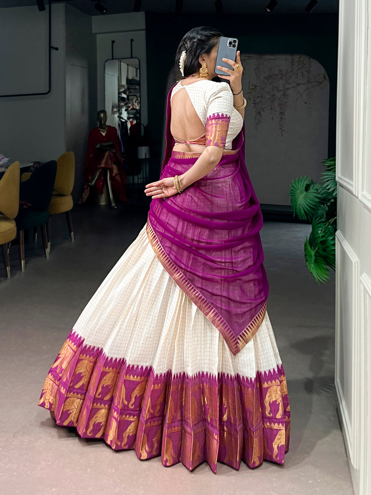 Lorenvalley Fashion White Poly Cotton Chex With Zari Weaving Work Lehenga Choli with Dupatta | Grocsy