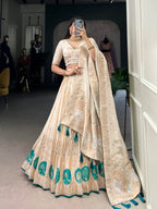 Lorenvalley Off White Pure Shimmer With Weaving Work with Mirror And Beads (Moti) Hand Work Lehenga Choli | Grocsy