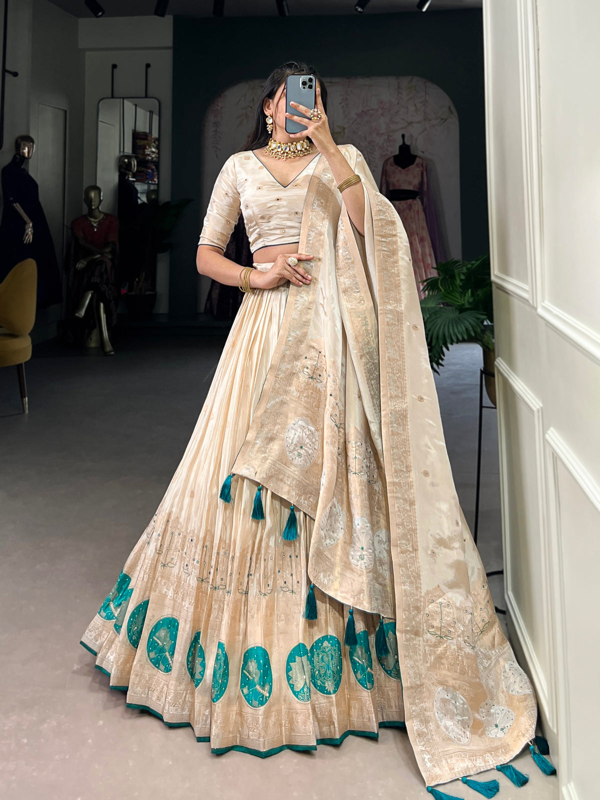 Lorenvalley Off White Pure Shimmer With Weaving Work with Mirror And Beads (Moti) Hand Work Lehenga Choli | Grocsy
