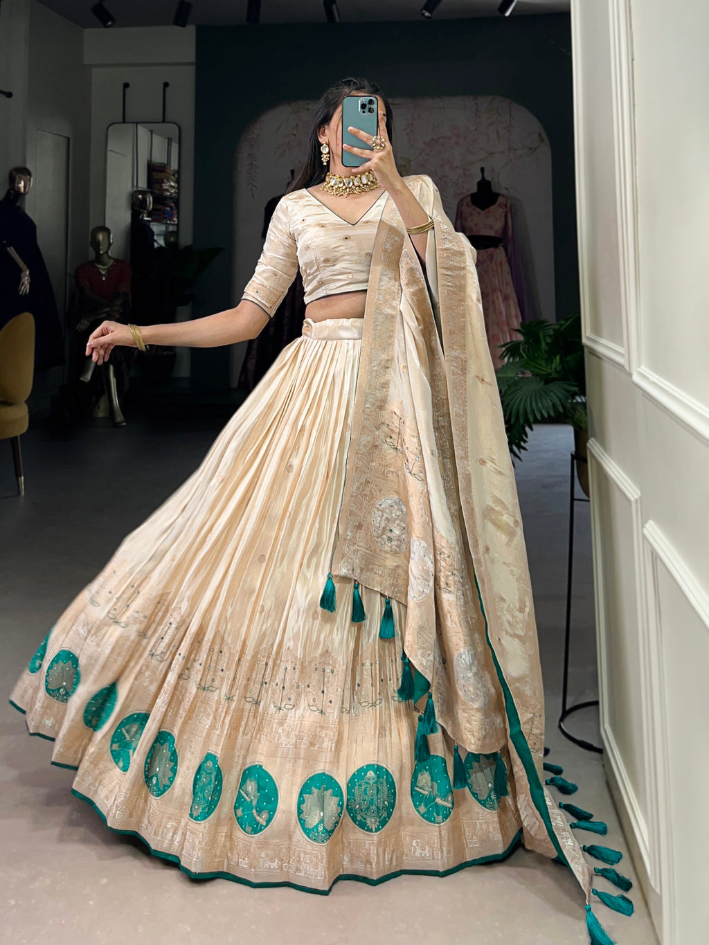 Lorenvalley Off White Pure Shimmer With Weaving Work with Mirror And Beads (Moti) Hand Work Lehenga Choli | Grocsy