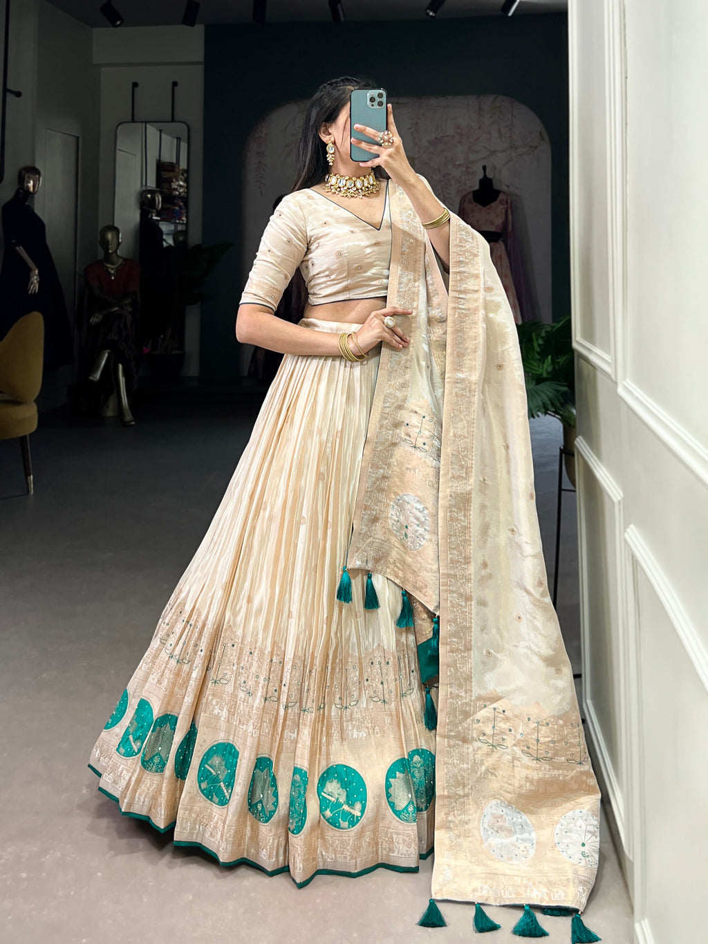Lorenvalley Off White Pure Shimmer With Weaving Work with Mirror And Beads (Moti) Hand Work Lehenga Choli | Grocsy