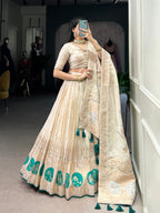Lorenvalley Off White Pure Shimmer With Weaving Work with Mirror And Beads (Moti) Hand Work Lehenga Choli | Grocsy