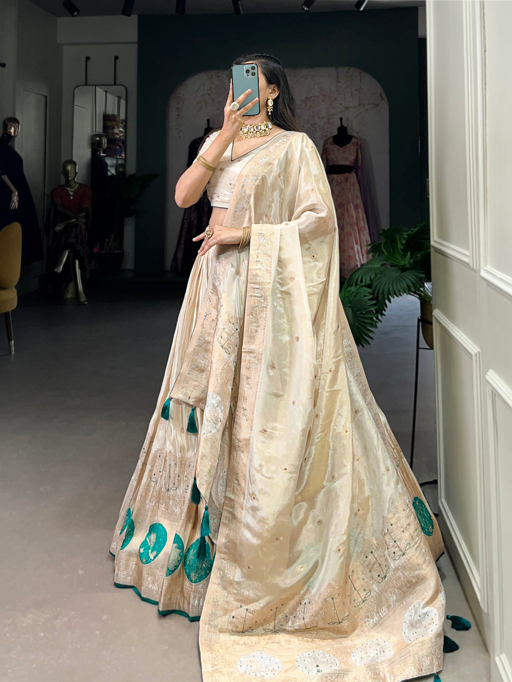 Lorenvalley Off White Pure Shimmer With Weaving Work with Mirror And Beads (Moti) Hand Work Lehenga Choli | Grocsy