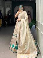 Lorenvalley Off White Pure Shimmer With Weaving Work with Mirror And Beads (Moti) Hand Work Lehenga Choli | Grocsy