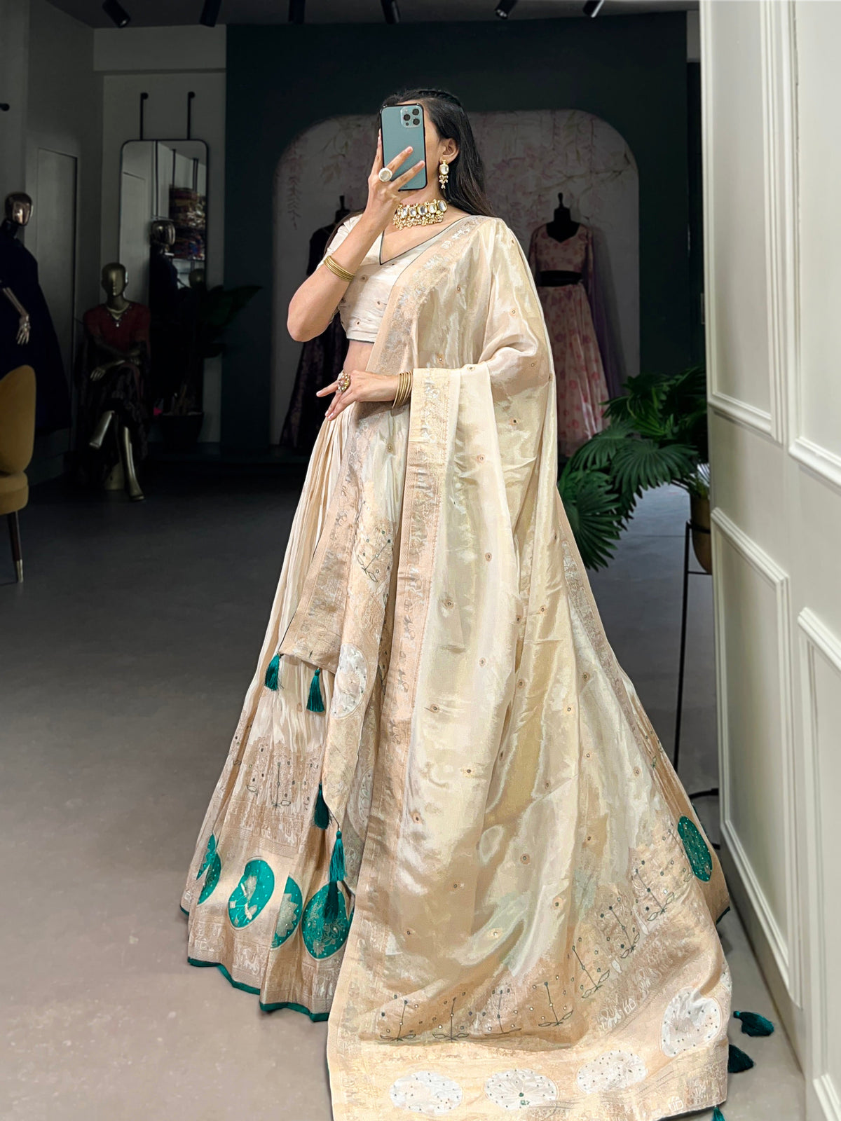 Lorenvalley Off White Pure Shimmer With Weaving Work with Mirror And Beads (Moti) Hand Work Lehenga Choli | Grocsy