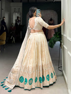 Lorenvalley Off White Pure Shimmer With Weaving Work with Mirror And Beads (Moti) Hand Work Lehenga Choli | Grocsy