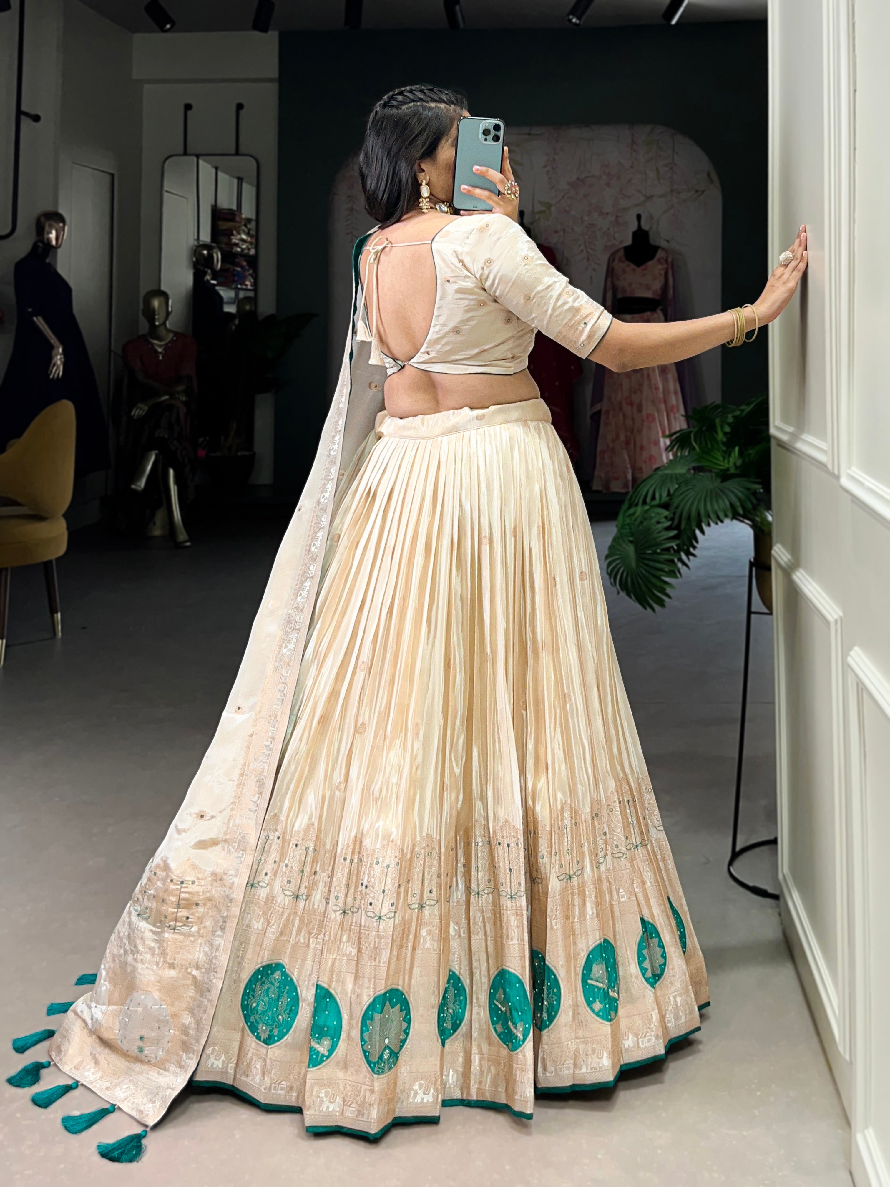 Lorenvalley Off White Pure Shimmer With Weaving Work with Mirror And Beads (Moti) Hand Work Lehenga Choli | Grocsy