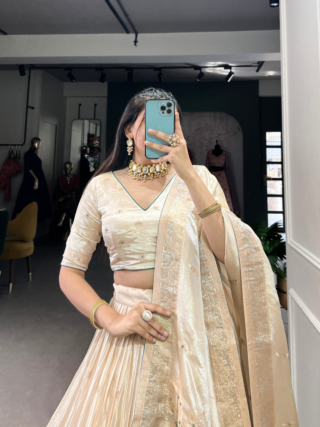 Lorenvalley Off White Pure Shimmer With Weaving Work with Mirror And Beads (Moti) Hand Work Lehenga Choli | Grocsy