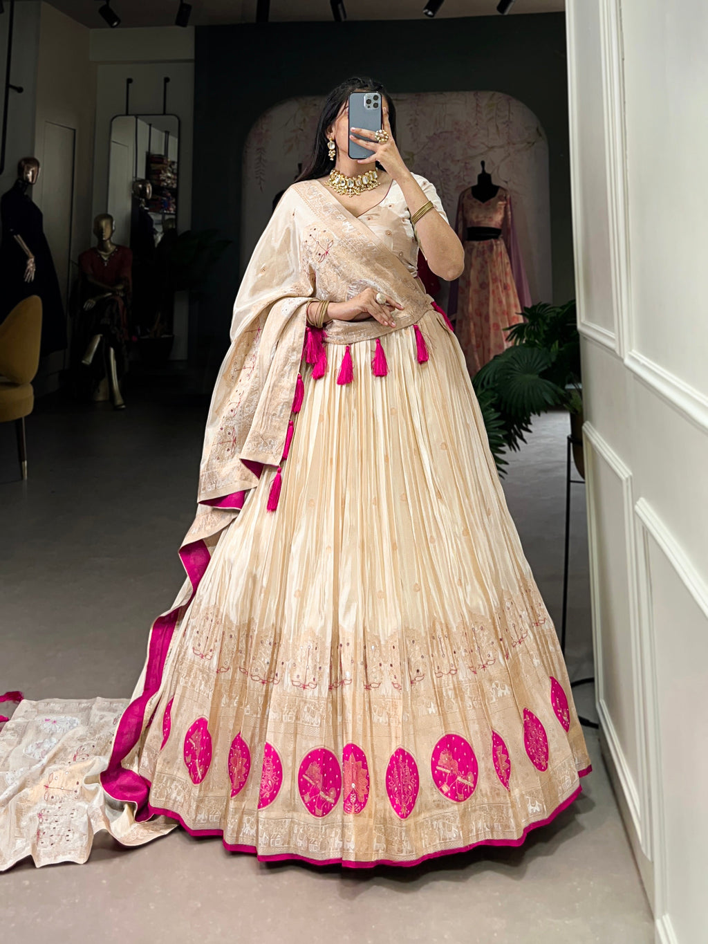 Lorenvalley Off White Pure Shimmer With Weaving Work with Mirror And Beads (Moti) Hand Work Lehenga Choli | Grocsy