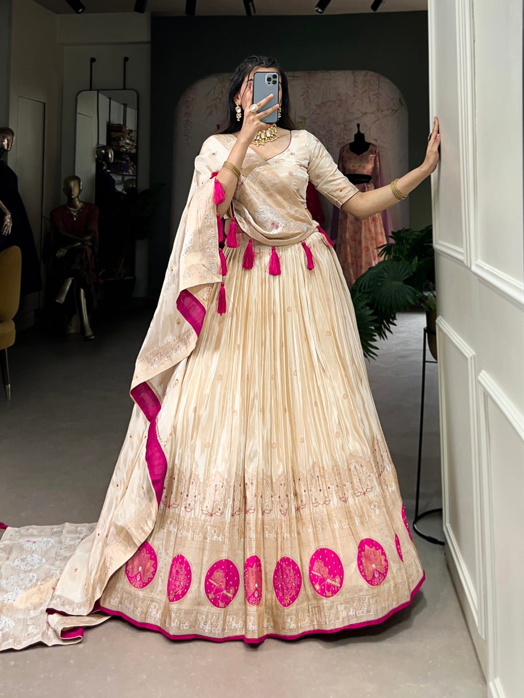 Lorenvalley Off White Pure Shimmer With Weaving Work with Mirror And Beads (Moti) Hand Work Lehenga Choli | Grocsy