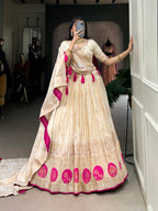 Lorenvalley Off White Pure Shimmer With Weaving Work with Mirror And Beads (Moti) Hand Work Lehenga Choli | Grocsy