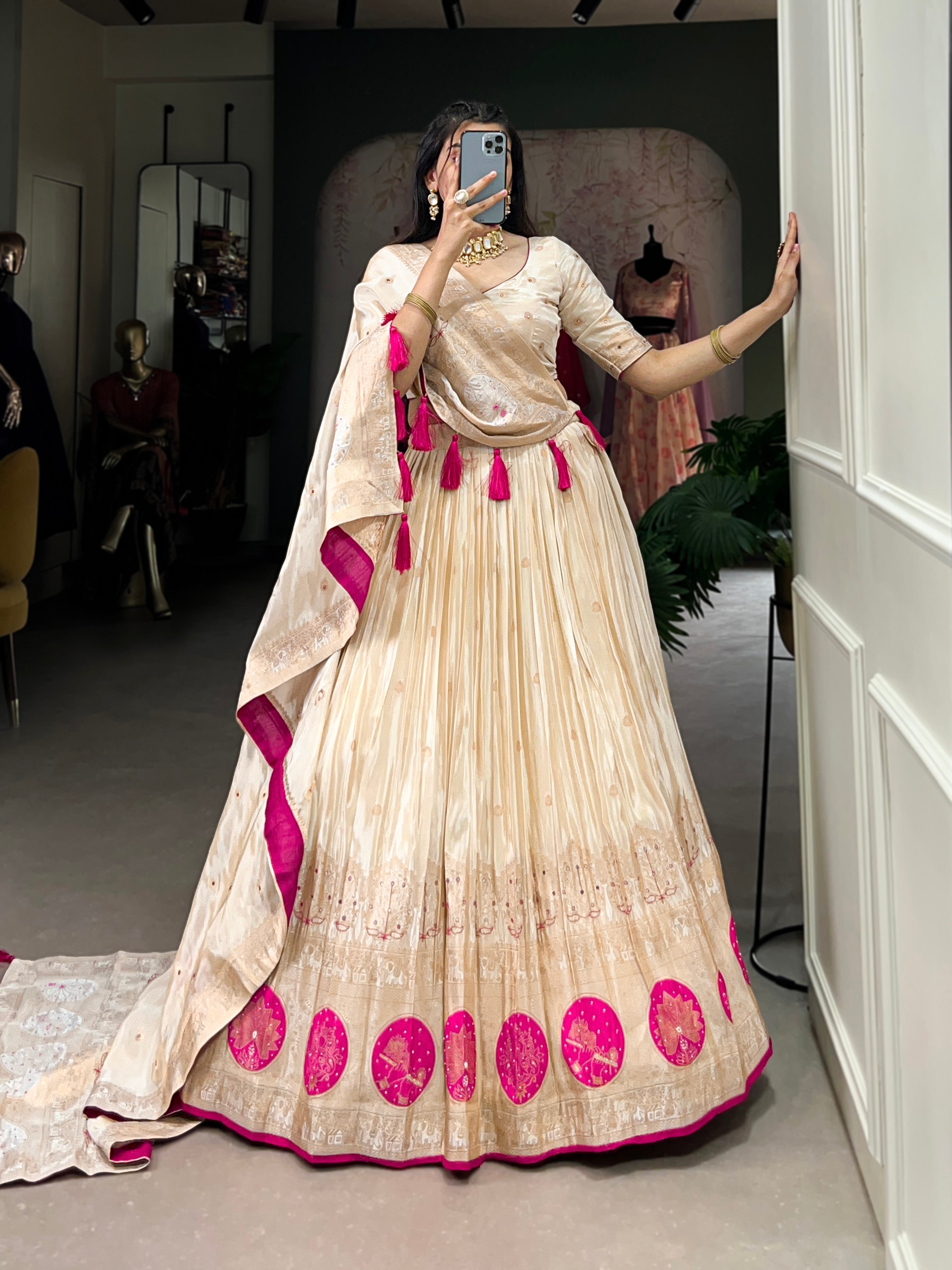 Lorenvalley Off White Pure Shimmer With Weaving Work with Mirror And Beads (Moti) Hand Work Lehenga Choli | Grocsy