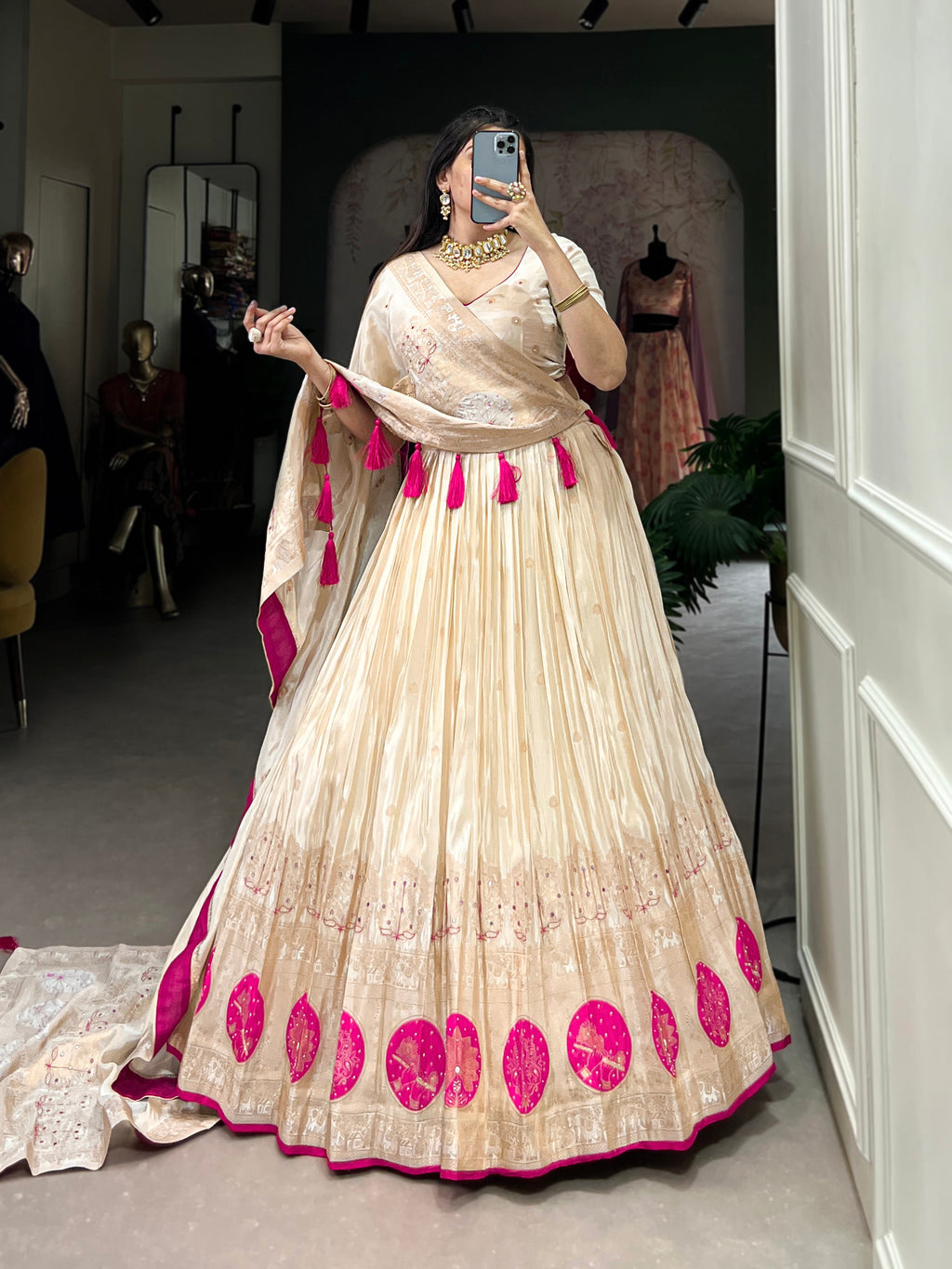 Lorenvalley Off White Pure Shimmer With Weaving Work with Mirror And Beads (Moti) Hand Work Lehenga Choli | Grocsy