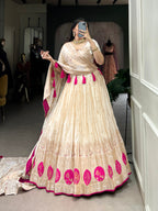 Lorenvalley Off White Pure Shimmer With Weaving Work with Mirror And Beads (Moti) Hand Work Lehenga Choli | Grocsy