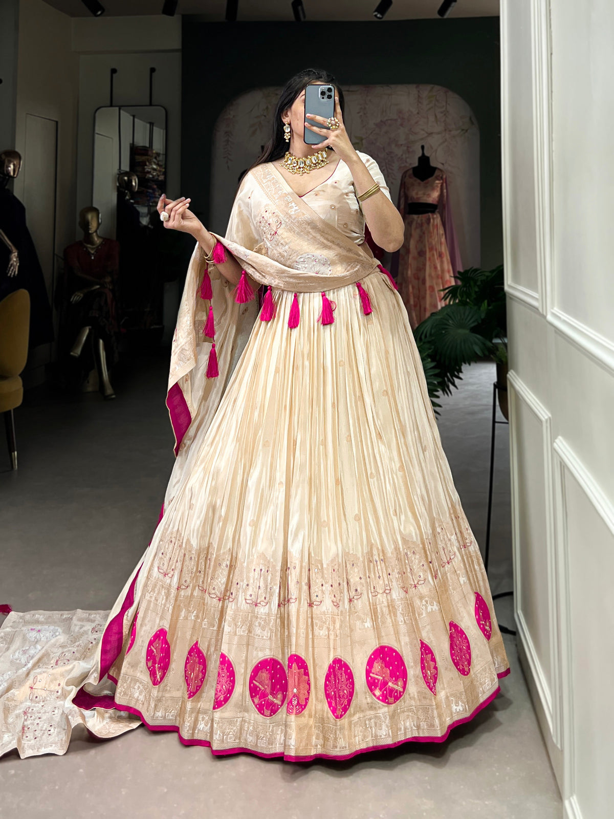 Lorenvalley Off White Pure Shimmer With Weaving Work with Mirror And Beads (Moti) Hand Work Lehenga Choli | Grocsy
