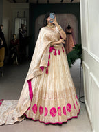 Lorenvalley Off White Pure Shimmer With Weaving Work with Mirror And Beads (Moti) Hand Work Lehenga Choli | Grocsy