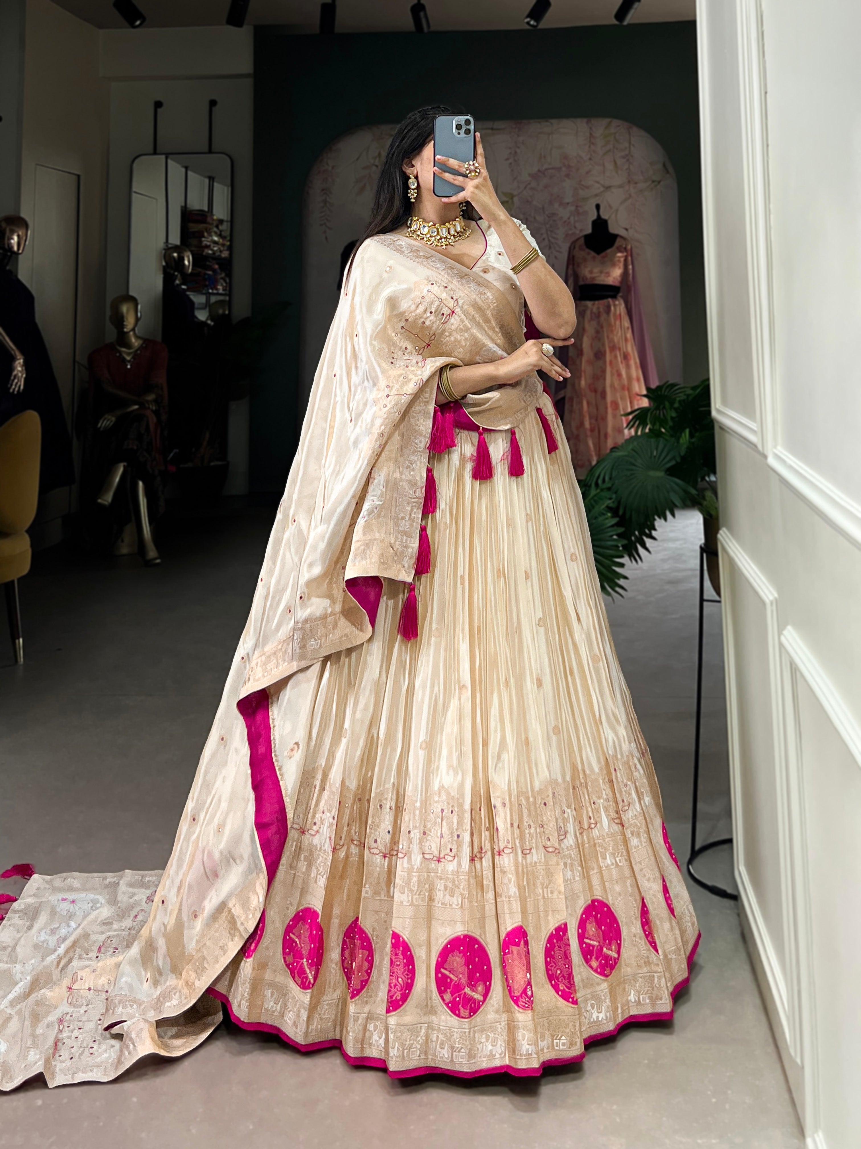 Lorenvalley Off White Pure Shimmer With Weaving Work with Mirror And Beads (Moti) Hand Work Lehenga Choli | Grocsy