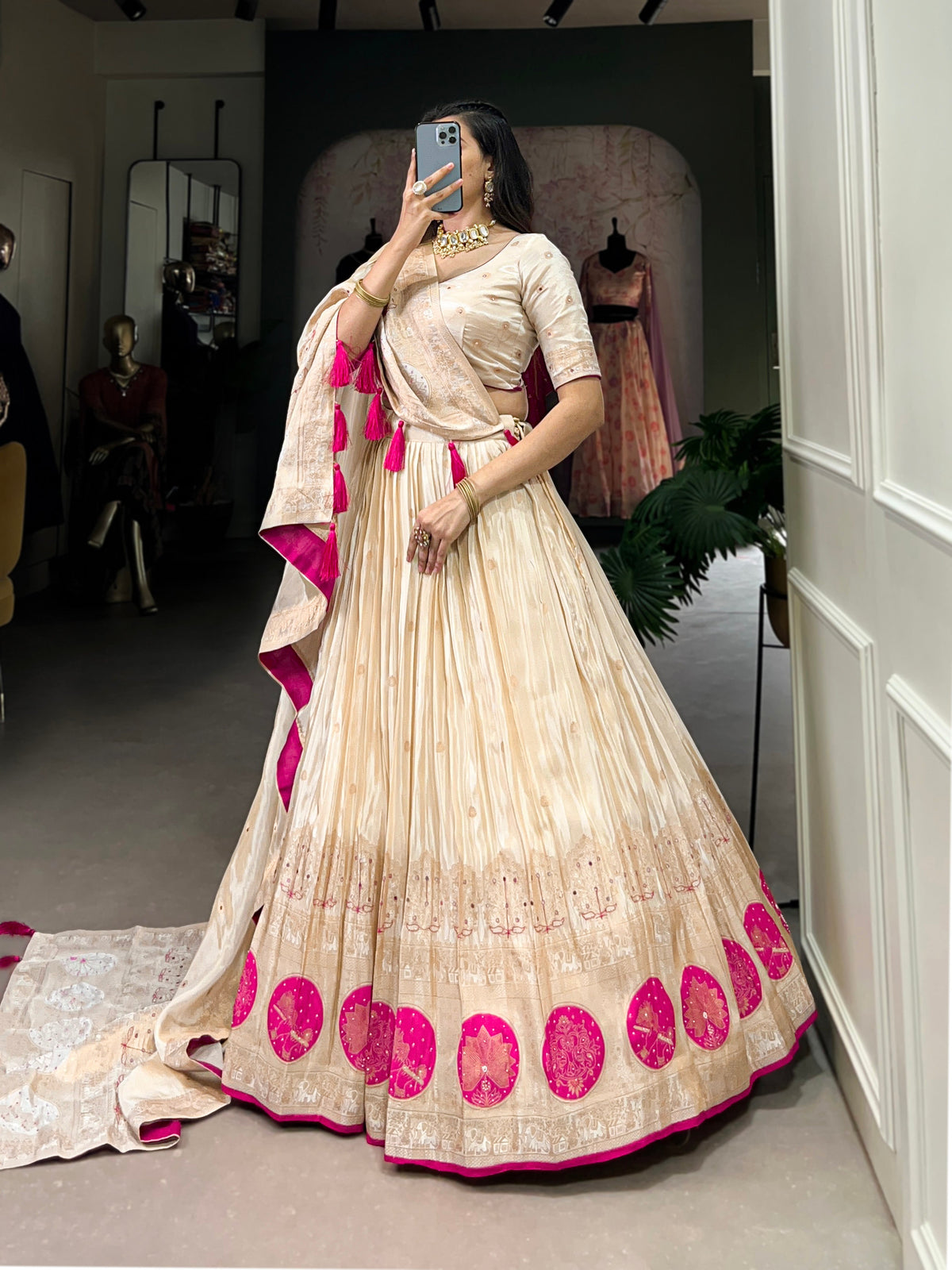 Lorenvalley Off White Pure Shimmer With Weaving Work with Mirror And Beads (Moti) Hand Work Lehenga Choli | Grocsy