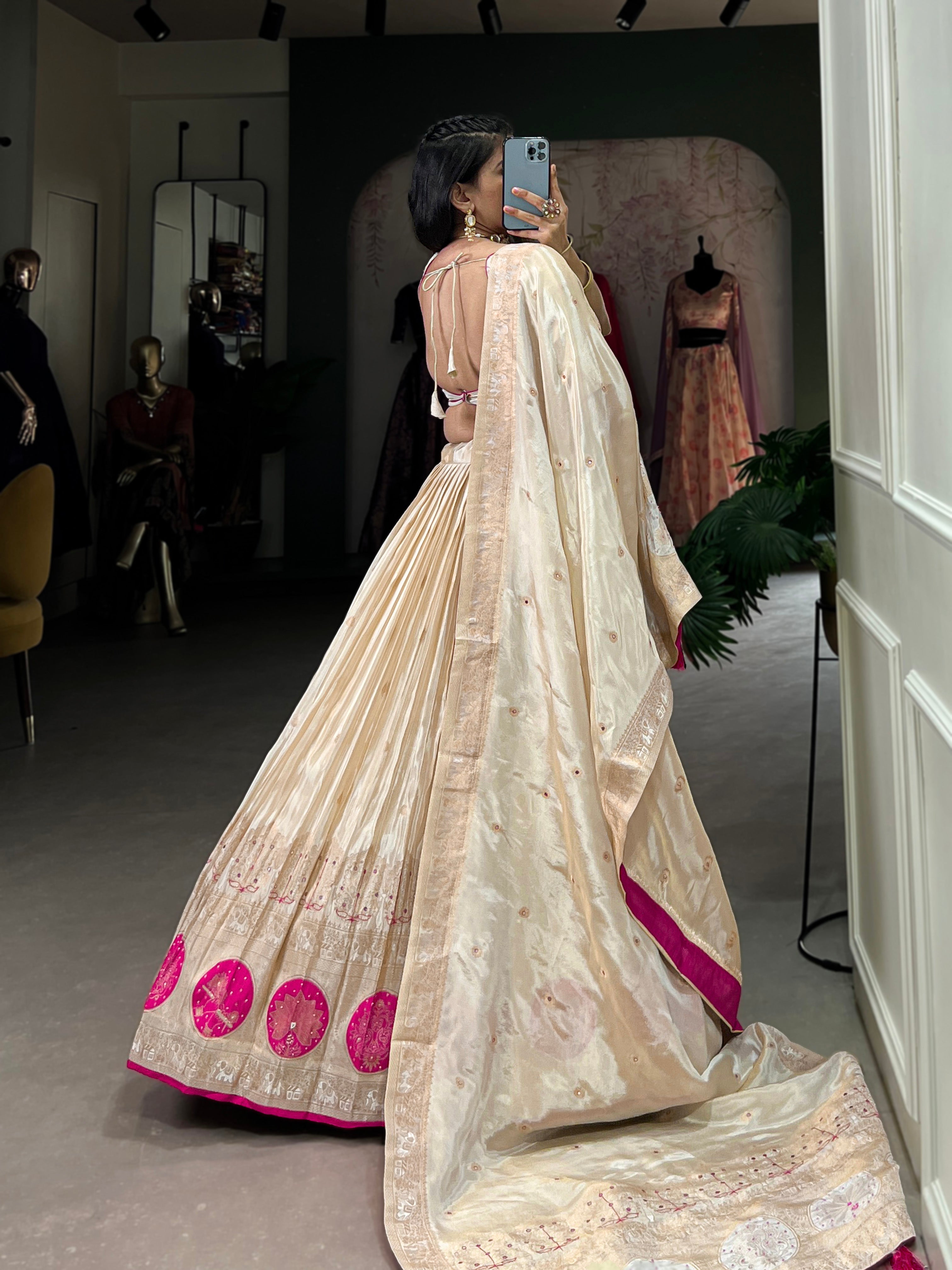 Lorenvalley Off White Pure Shimmer With Weaving Work with Mirror And Beads (Moti) Hand Work Lehenga Choli | Grocsy