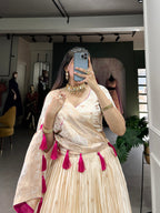 Lorenvalley Off White Pure Shimmer With Weaving Work with Mirror And Beads (Moti) Hand Work Lehenga Choli | Grocsy
