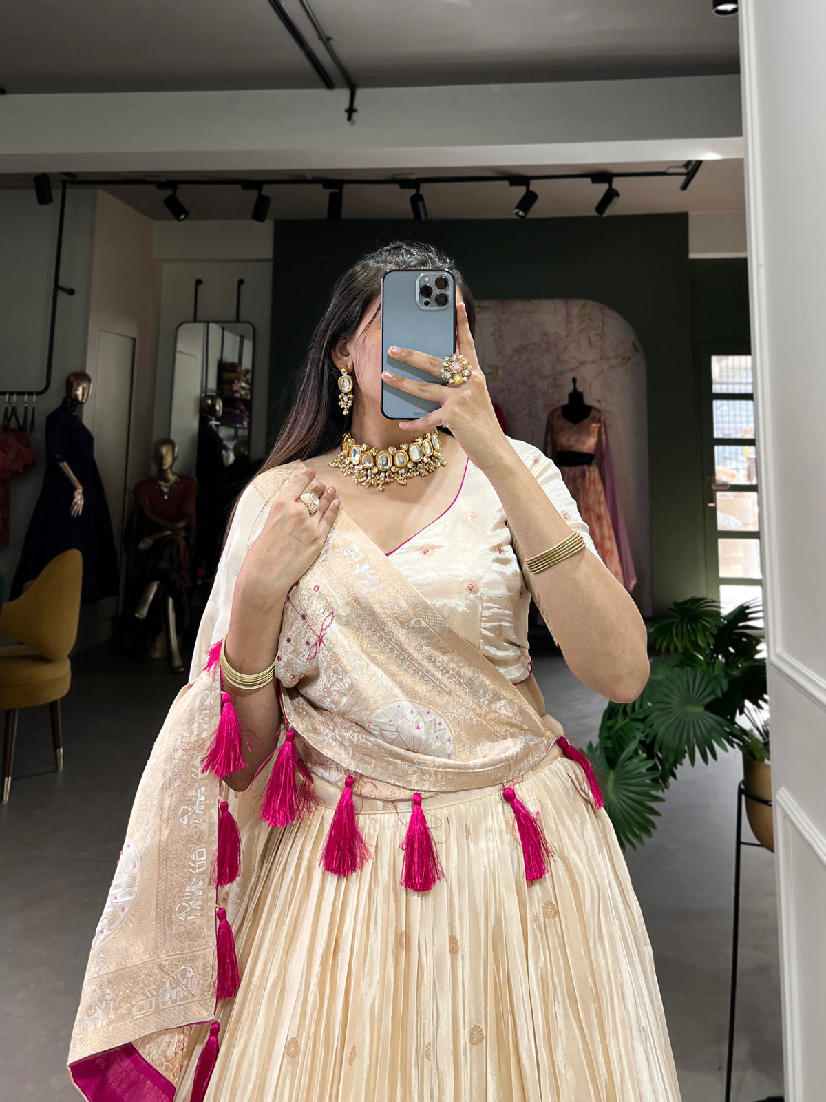 Lorenvalley Off White Pure Shimmer With Weaving Work with Mirror And Beads (Moti) Hand Work Lehenga Choli | Grocsy