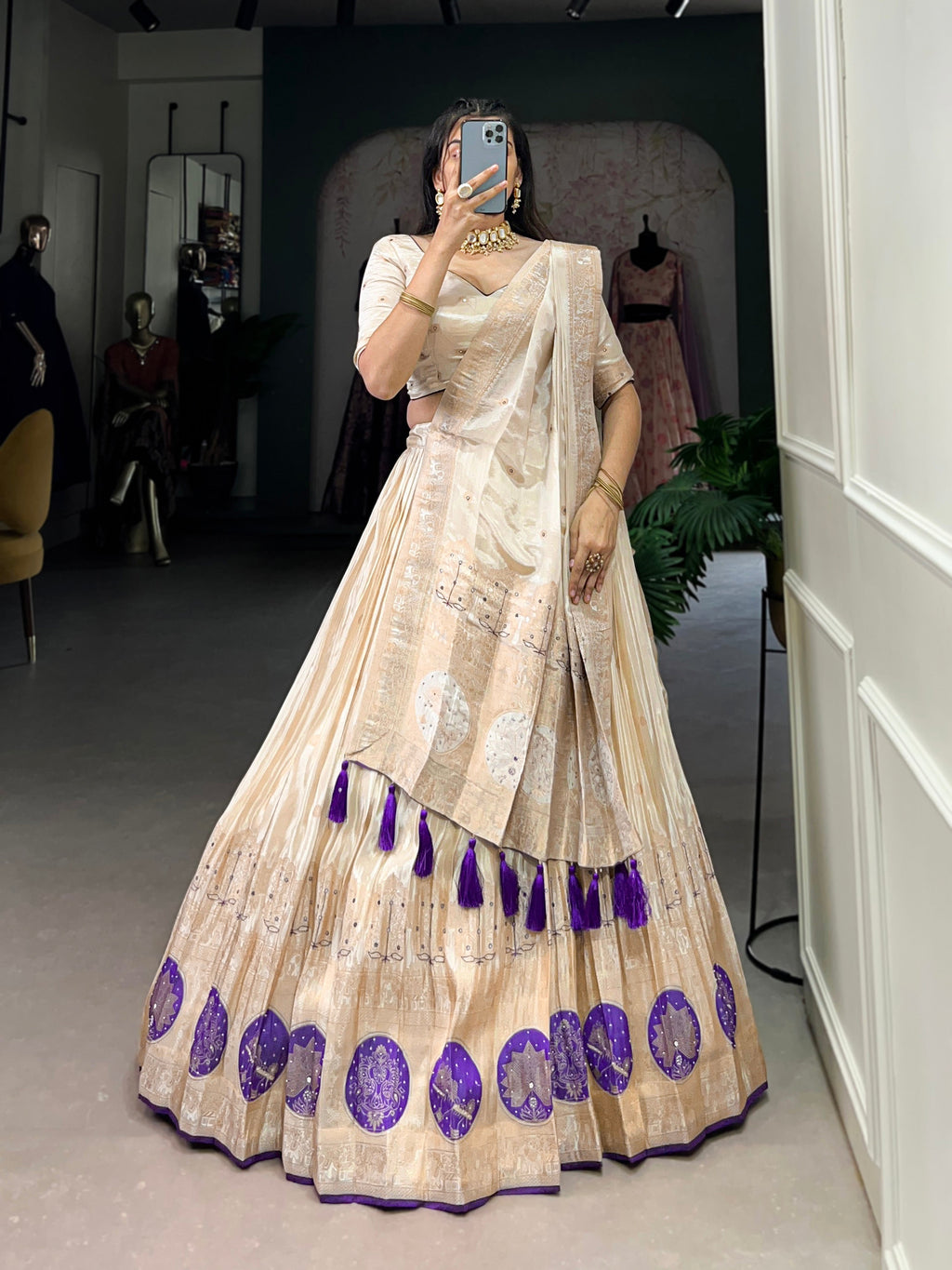 Lorenvalley Off White Pure Shimmer With Weaving Work with Mirror And Beads (Moti) Hand Work Lehenga Choli | Grocsy