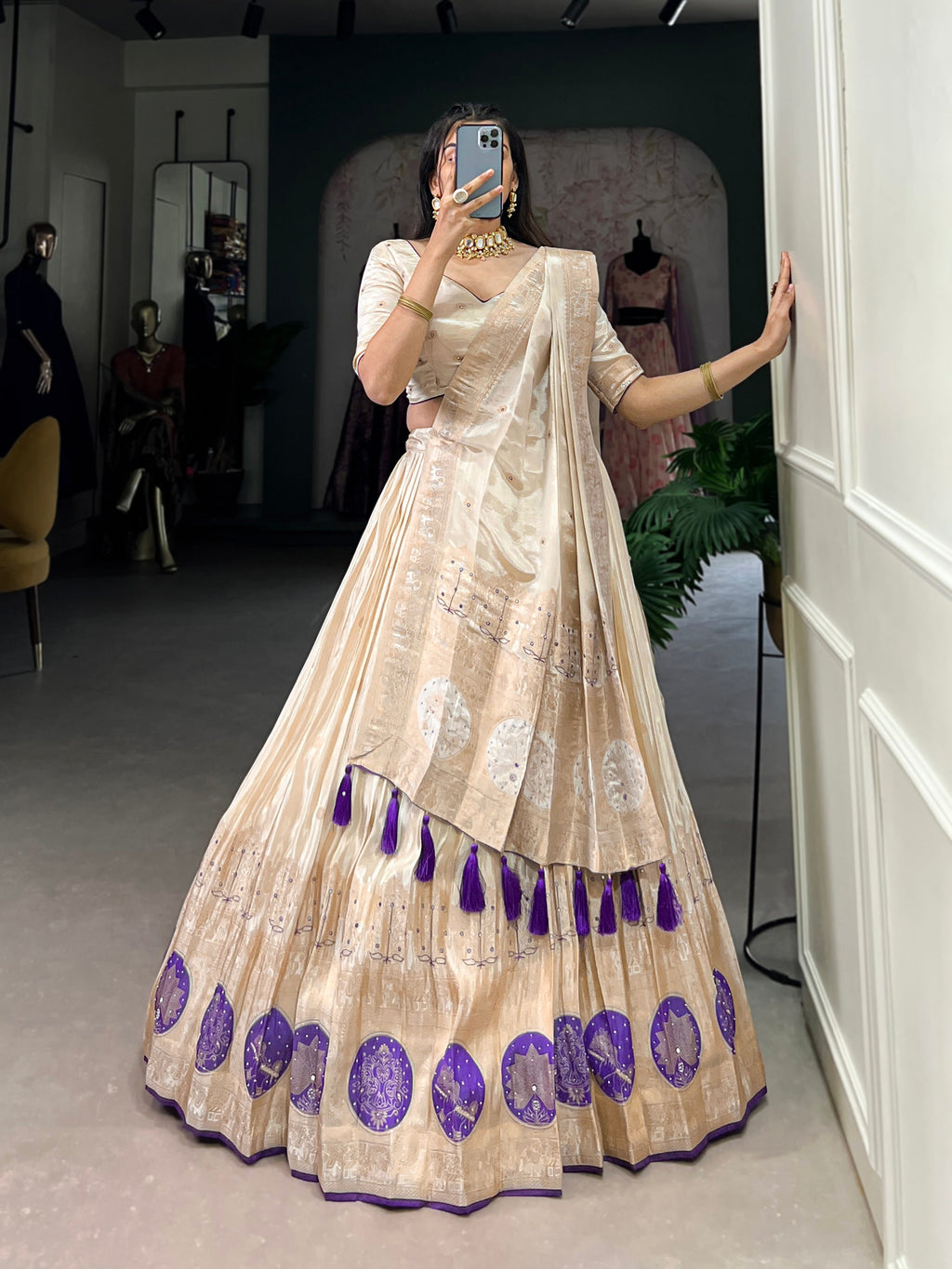 Lorenvalley Off White Pure Shimmer With Weaving Work with Mirror And Beads (Moti) Hand Work Lehenga Choli | Grocsy
