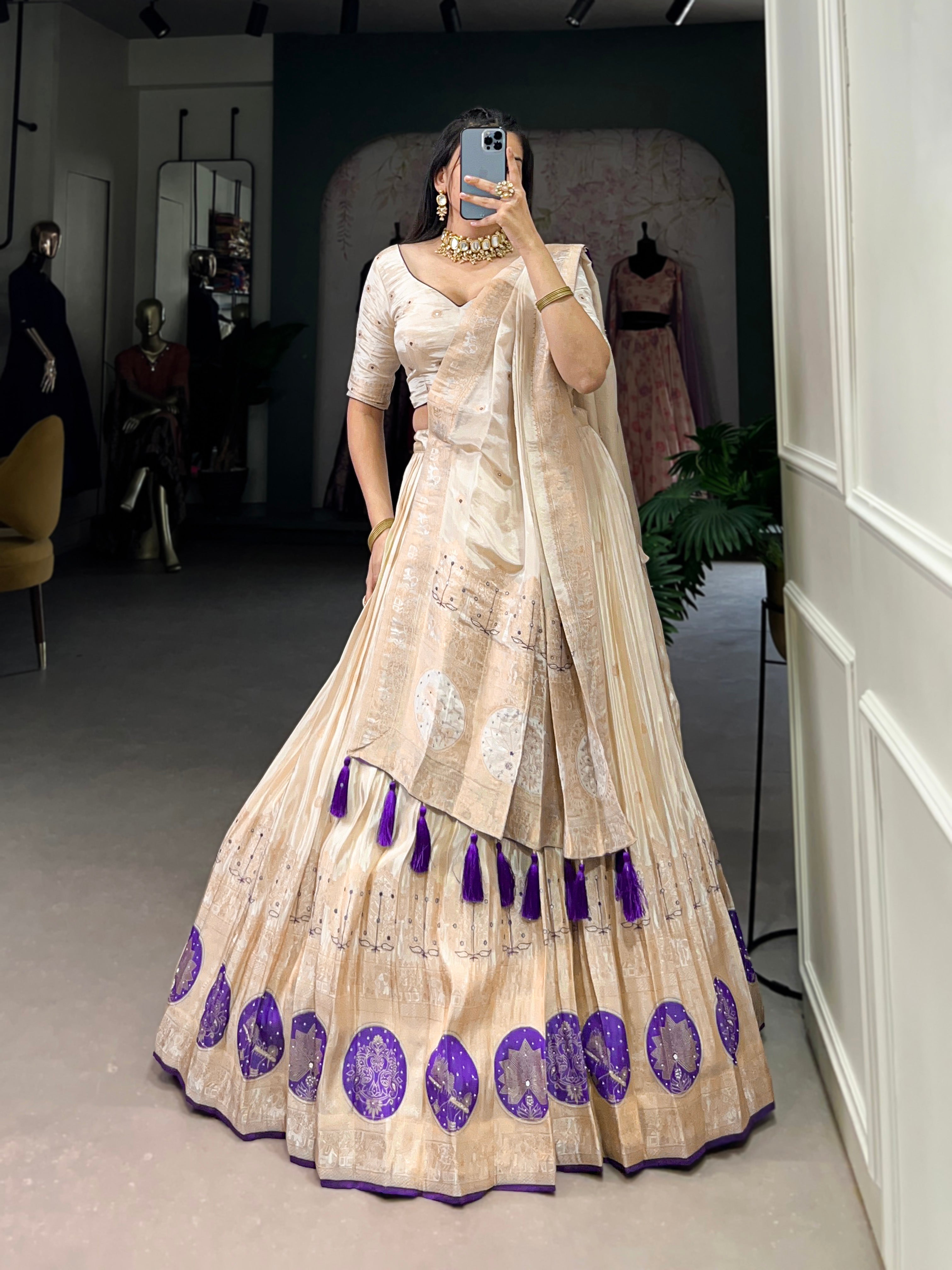 Lorenvalley Off White Pure Shimmer With Weaving Work with Mirror And Beads (Moti) Hand Work Lehenga Choli | Grocsy