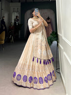 Lorenvalley Off White Pure Shimmer With Weaving Work with Mirror And Beads (Moti) Hand Work Lehenga Choli | Grocsy