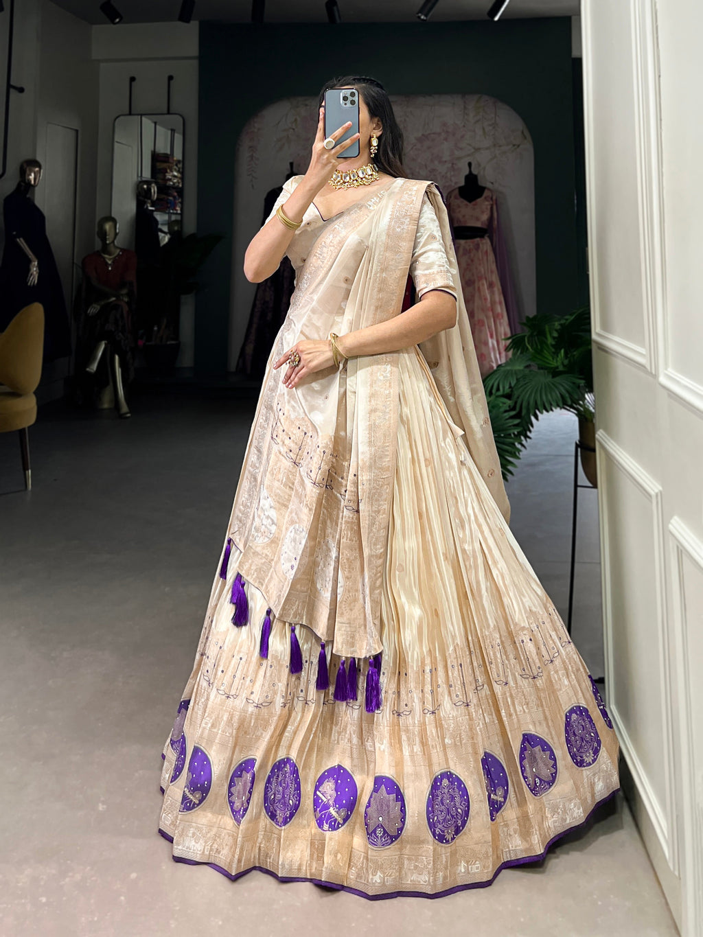 Lorenvalley Off White Pure Shimmer With Weaving Work with Mirror And Beads (Moti) Hand Work Lehenga Choli | Grocsy