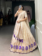 Lorenvalley Off White Pure Shimmer With Weaving Work with Mirror And Beads (Moti) Hand Work Lehenga Choli | Grocsy