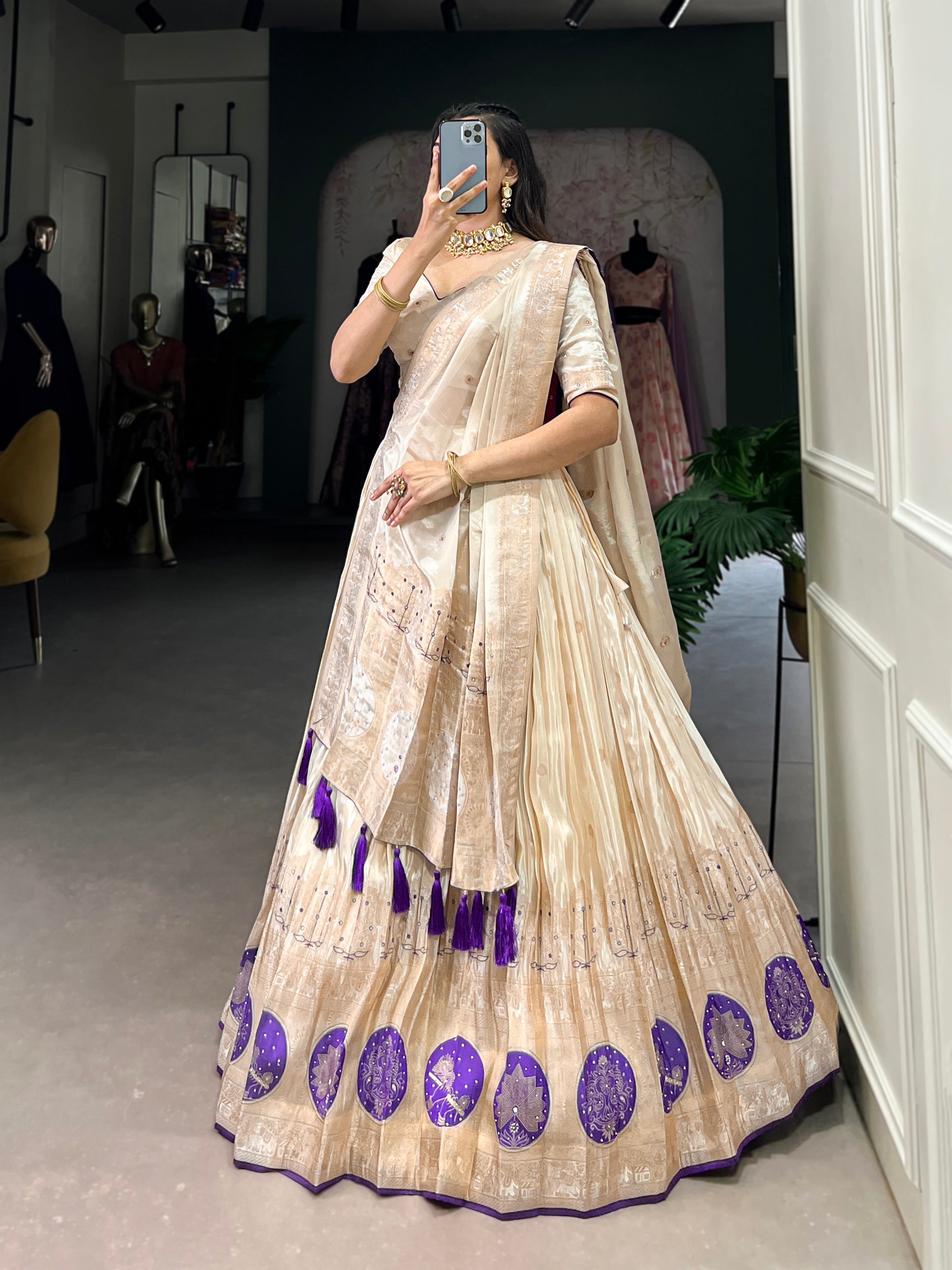 Lorenvalley Off White Pure Shimmer With Weaving Work with Mirror And Beads (Moti) Hand Work Lehenga Choli | Grocsy