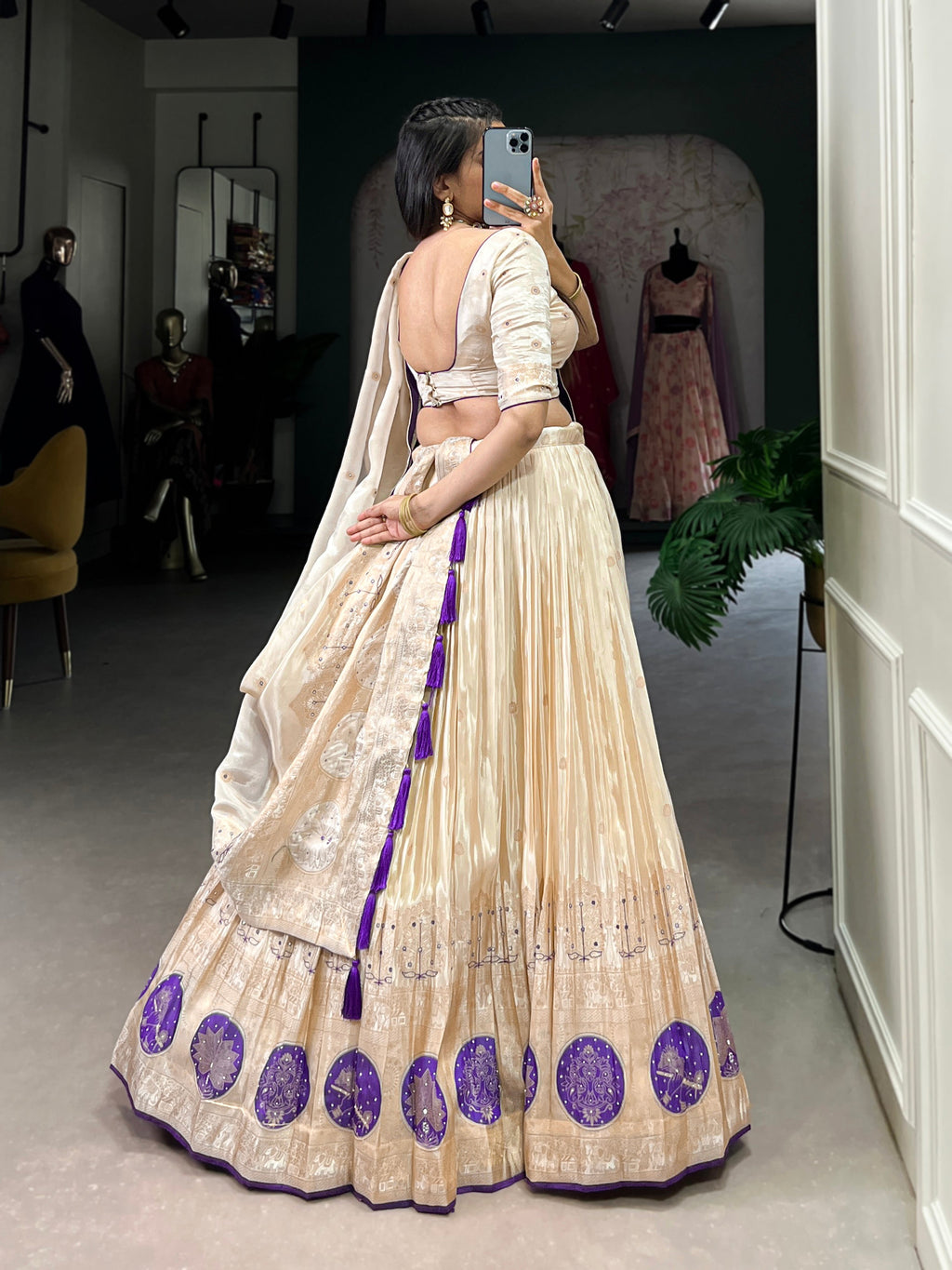 Lorenvalley Off White Pure Shimmer With Weaving Work with Mirror And Beads (Moti) Hand Work Lehenga Choli | Grocsy
