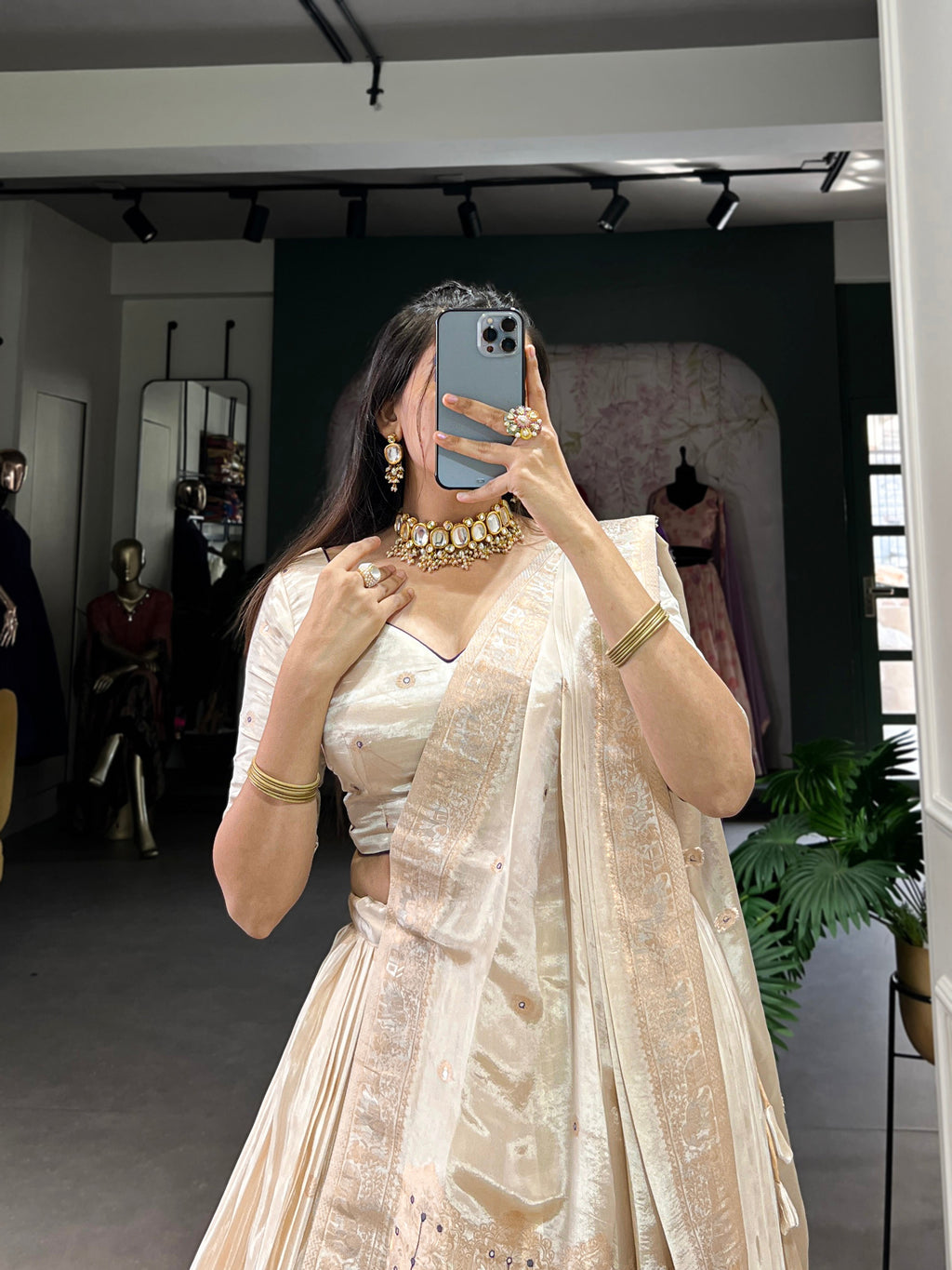Lorenvalley Off White Pure Shimmer With Weaving Work with Mirror And Beads (Moti) Hand Work Lehenga Choli | Grocsy