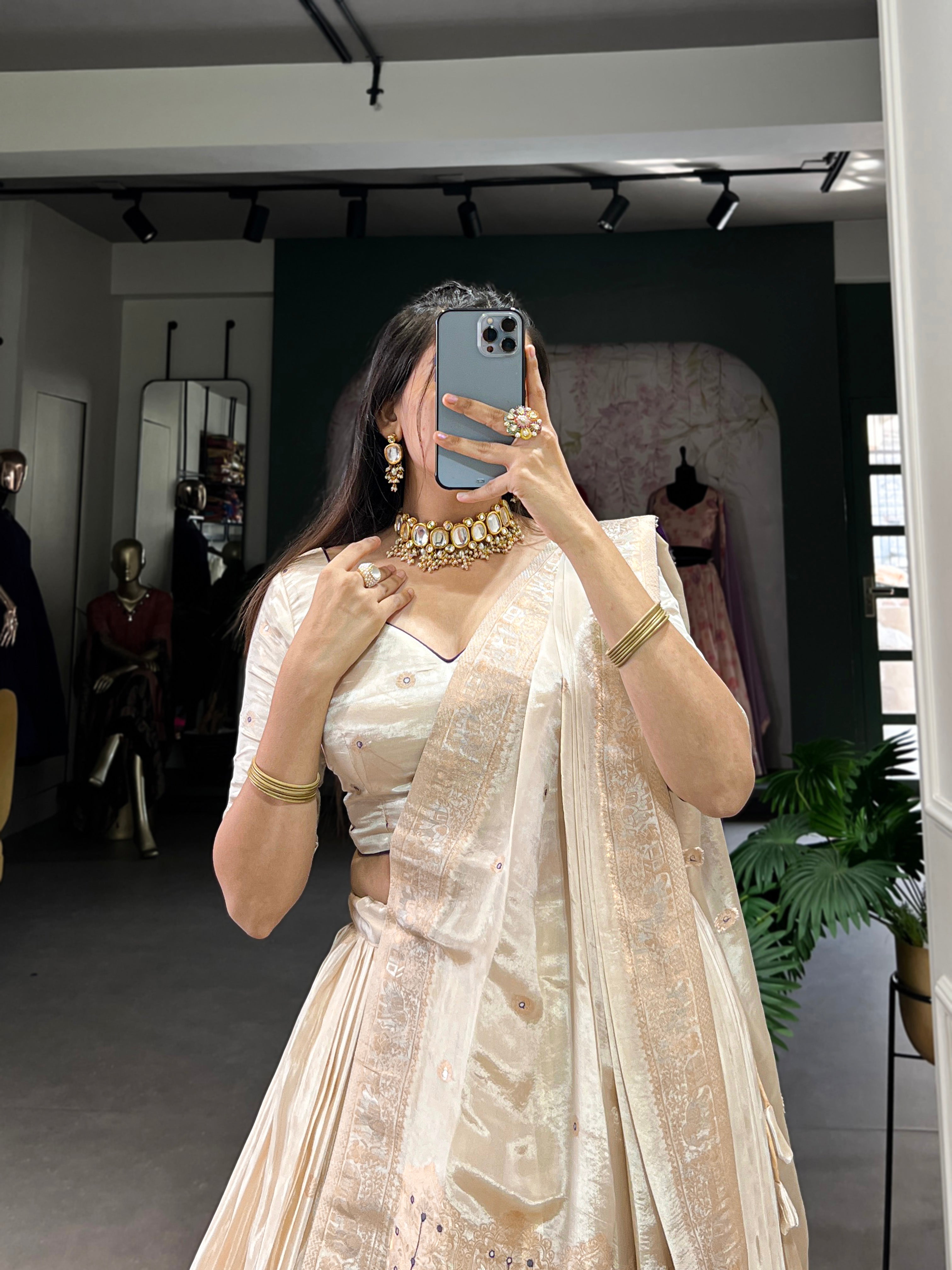 Lorenvalley Off White Pure Shimmer With Weaving Work with Mirror And Beads (Moti) Hand Work Lehenga Choli | Grocsy