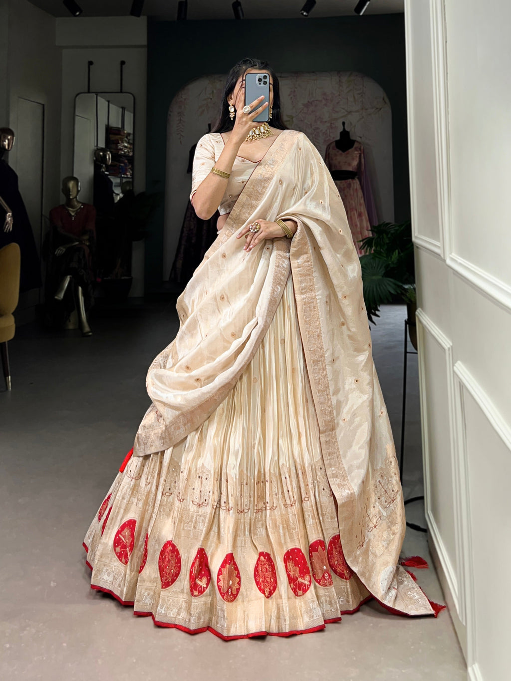 Lorenvalley Off White Pure Shimmer With Weaving Work with Mirror And Beads (Moti) Hand Work Lehenga Choli | Grocsy