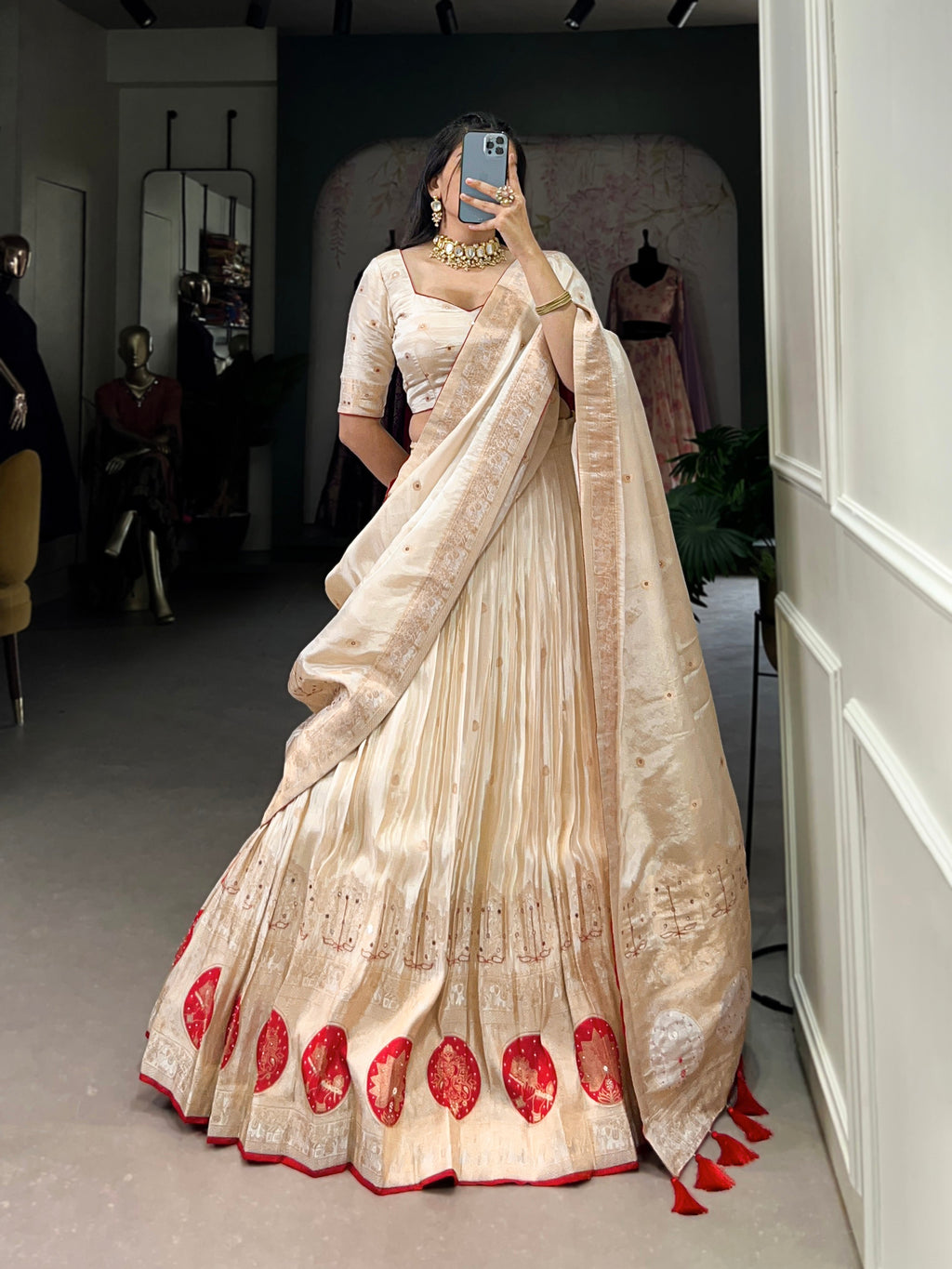Lorenvalley Off White Pure Shimmer With Weaving Work with Mirror And Beads (Moti) Hand Work Lehenga Choli | Grocsy