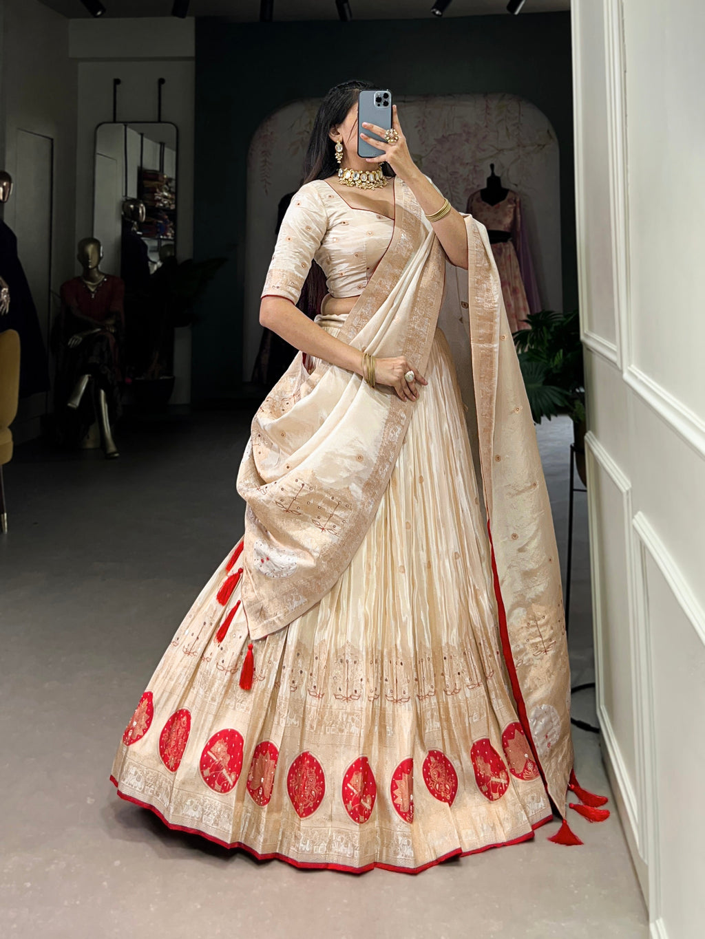 Lorenvalley Off White Pure Shimmer With Weaving Work with Mirror And Beads (Moti) Hand Work Lehenga Choli | Grocsy